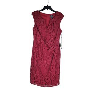 Adrianna Papell 10 Dark Pink Lace Sheath Dress Split V Neck Cap Sleeve NWT $119